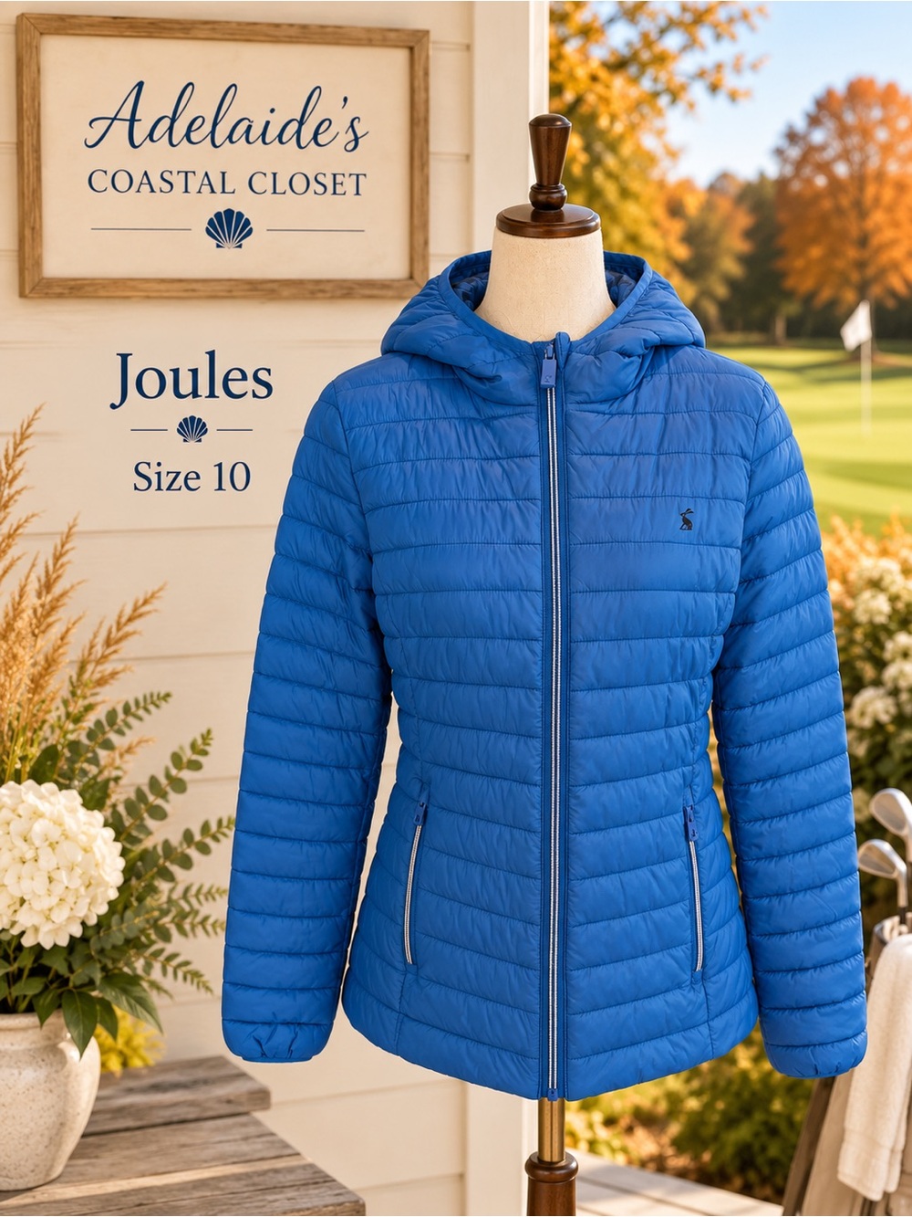 Joules Right as Rain Blue Hooded Quilted Puffer Jacket Women’s Size 10